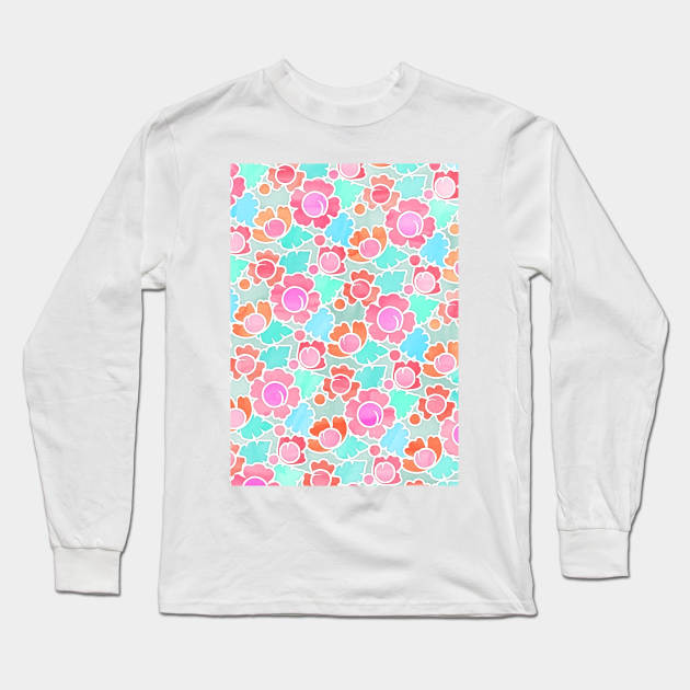 Pastel Tropical Floral Pattern Design with watercolor texture Long Sleeve T-Shirt by micklyn